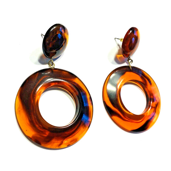 Vintage Y2K Mod Hoop Pierced Earrings Acrylic Faux Tortoise Shell Caramel Swirl - Picture 2 of 7